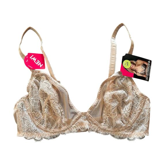 NEW Semi Sheer Lace Bra 36B lily of France tan nude sexy underwire adjustable - Picture 1 of 3